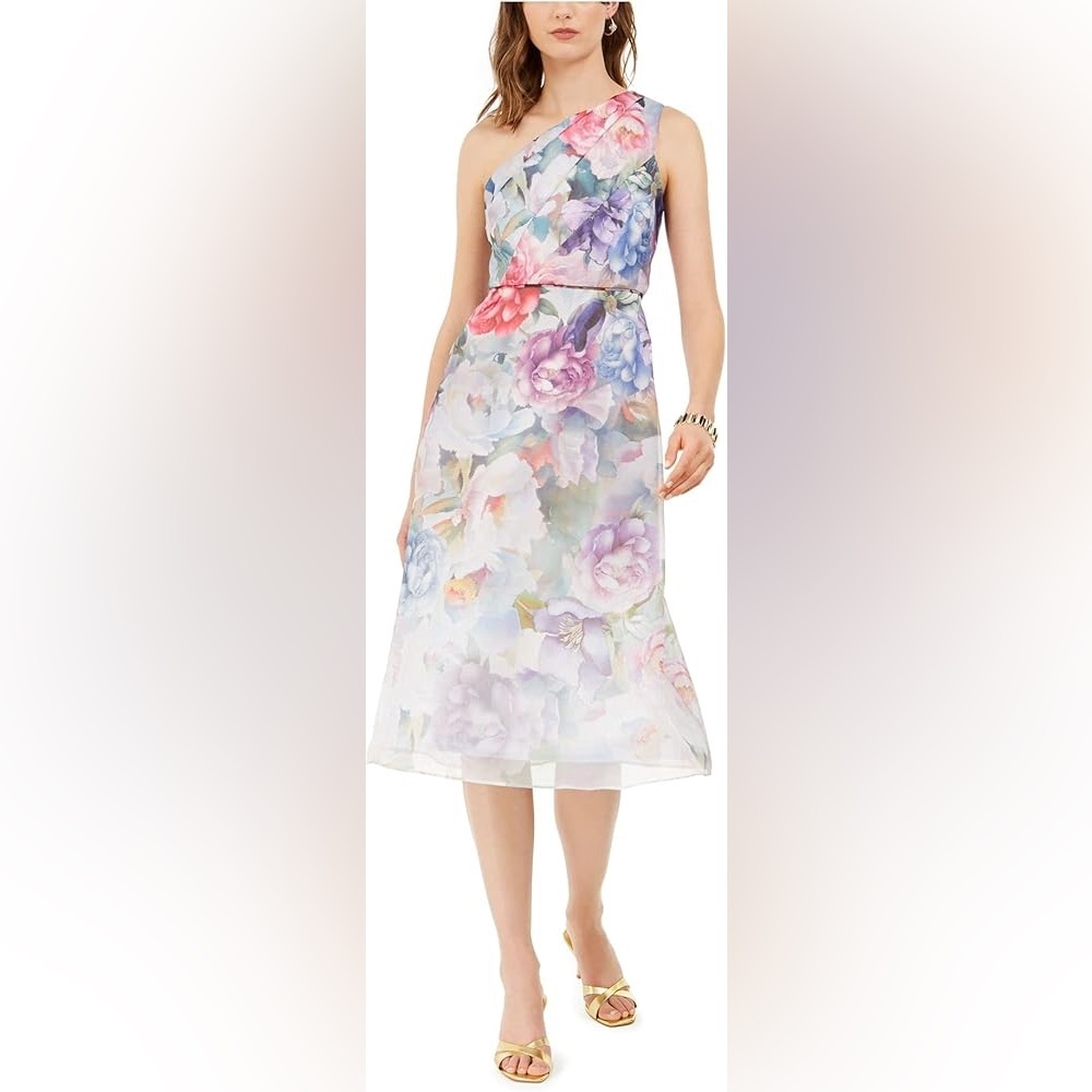 Adrianna Papell DRESS 8 One-Shoulder Floral Organza Botanical Fairy Whimsical